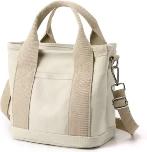 Small Cute Canvas Tote Crossbody Shoulder Bag W/Multiple Pockets Mini Casual Satchel Hobo Handbag Messenger Purse for Women
