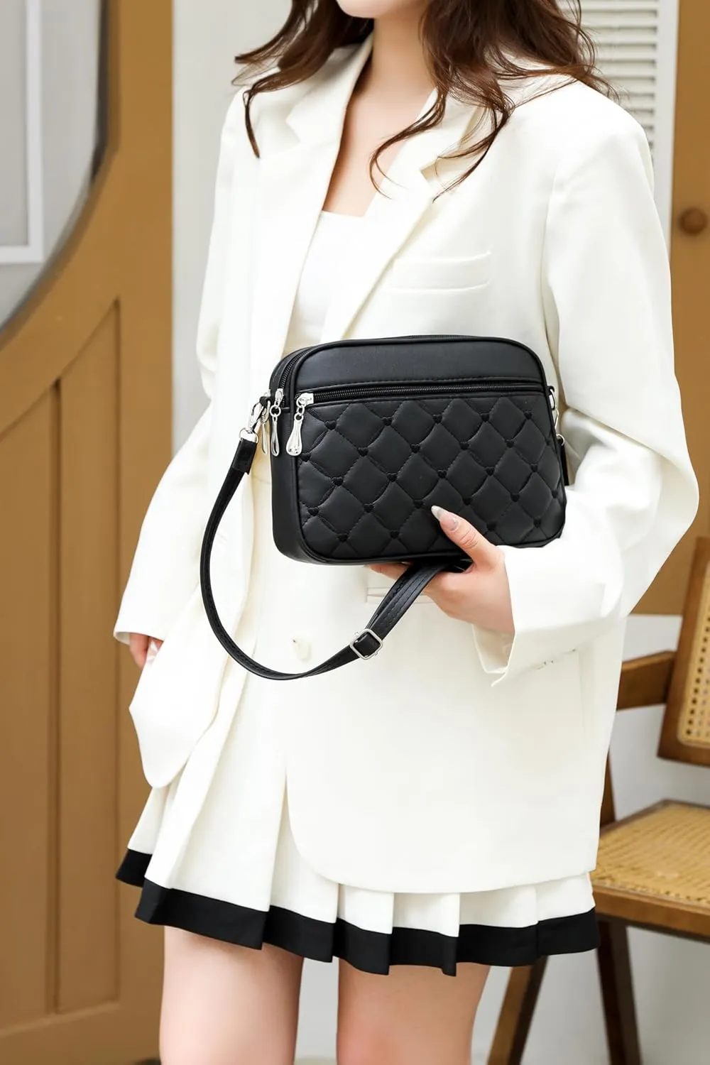 Small Quilted Crossbody for Women purse,vegan leather Multi-layer Shoulder Handbag with Adjustable strap