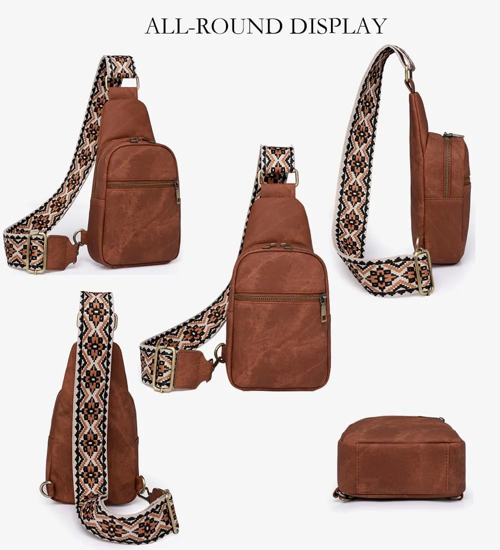 Small Sling Bag for Women Vintage Crossbody Chest Bag Casual Shoulder Satchel Daypack with Guitar Strap for Travel Hiking