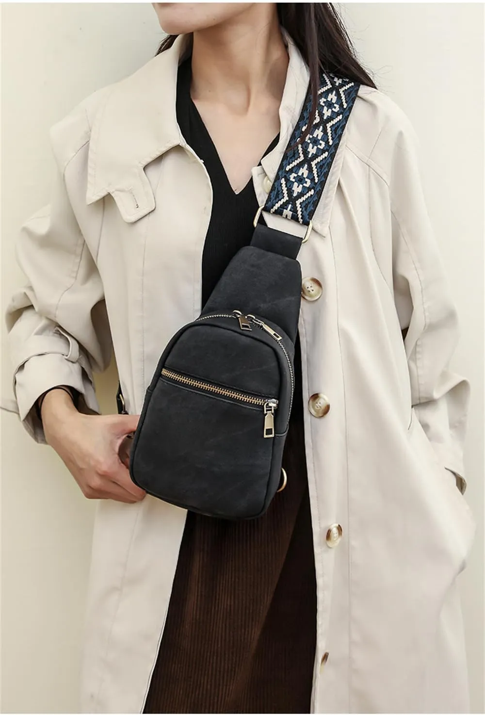Small Sling Bag for Women Vintage Crossbody Chest Bag Casual Shoulder Satchel Daypack with Guitar Strap for Travel Hiking