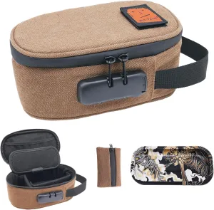 Smell Proof Bag with Combination Lock, Odor Proof Bag with Metal Tray and Mini Pouch Pocket, Stash Box for Storage and Travel, Portable and Easy to Use, Brown