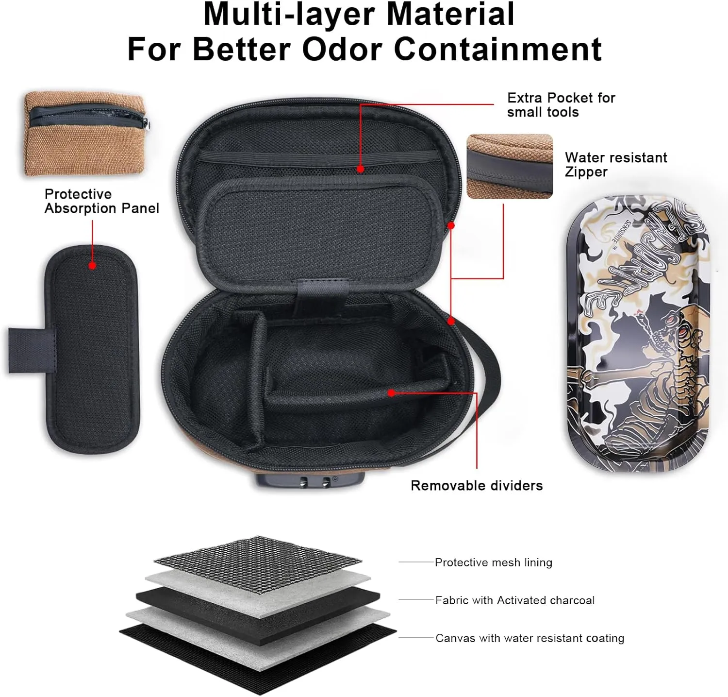 Smell Proof Bag with Combination Lock, Odor Proof Bag with Metal Tray and Mini Pouch Pocket, Stash Box for Storage and Travel, Portable and Easy to Use, Brown