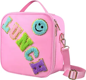 Smiley Nylon Insulated Lunch Bag with Adjustable Shoulder Strap, Preppy Lunch Bag, Reusable School Girls Preppy Lunch Box, Kids Lunchbox, Lunch Box for Women (Pink), Large