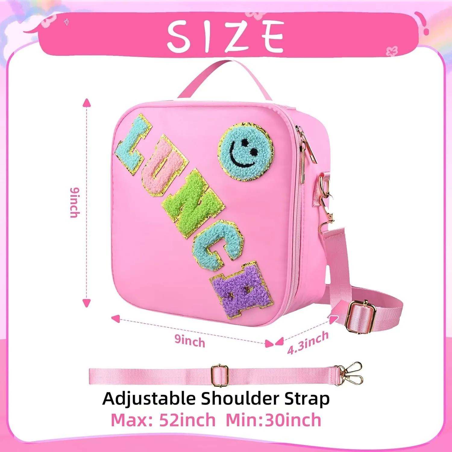 Smiley Nylon Insulated Lunch Bag with Adjustable Shoulder Strap, Preppy Lunch Bag, Reusable School Girls Preppy Lunch Box, Kids Lunchbox, Lunch Box for Women (Pink), Large