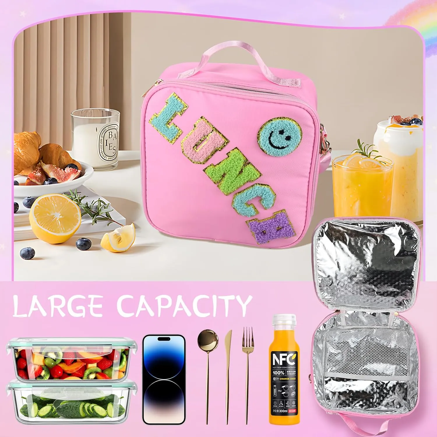 Smiley Nylon Insulated Lunch Bag with Adjustable Shoulder Strap, Preppy Lunch Bag, Reusable School Girls Preppy Lunch Box, Kids Lunchbox, Lunch Box for Women (Pink), Large