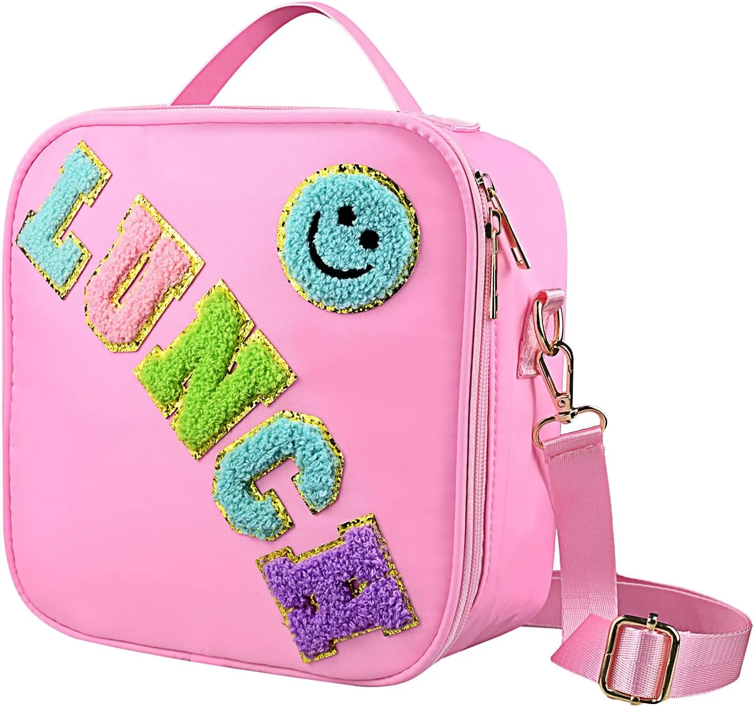 Smiley Nylon Insulated Lunch Bag with Adjustable Shoulder Strap, Preppy Lunch Bag, Reusable School Girls Preppy Lunch Box, Kids Lunchbox, Lunch Box for Women (Pink), Large