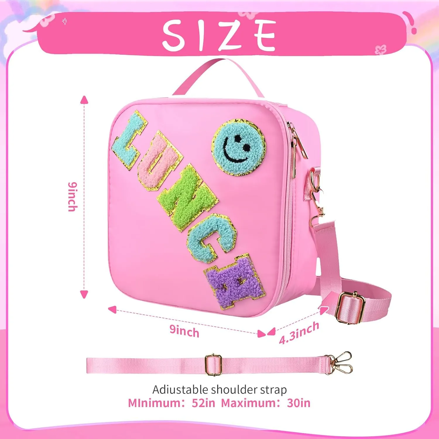 Smiley Nylon Insulated Lunch Bag with Adjustable Shoulder Strap, Preppy Lunch Bag, Reusable School Girls Preppy Lunch Box, Kids Lunchbox, Lunch Box for Women (Pink), Large