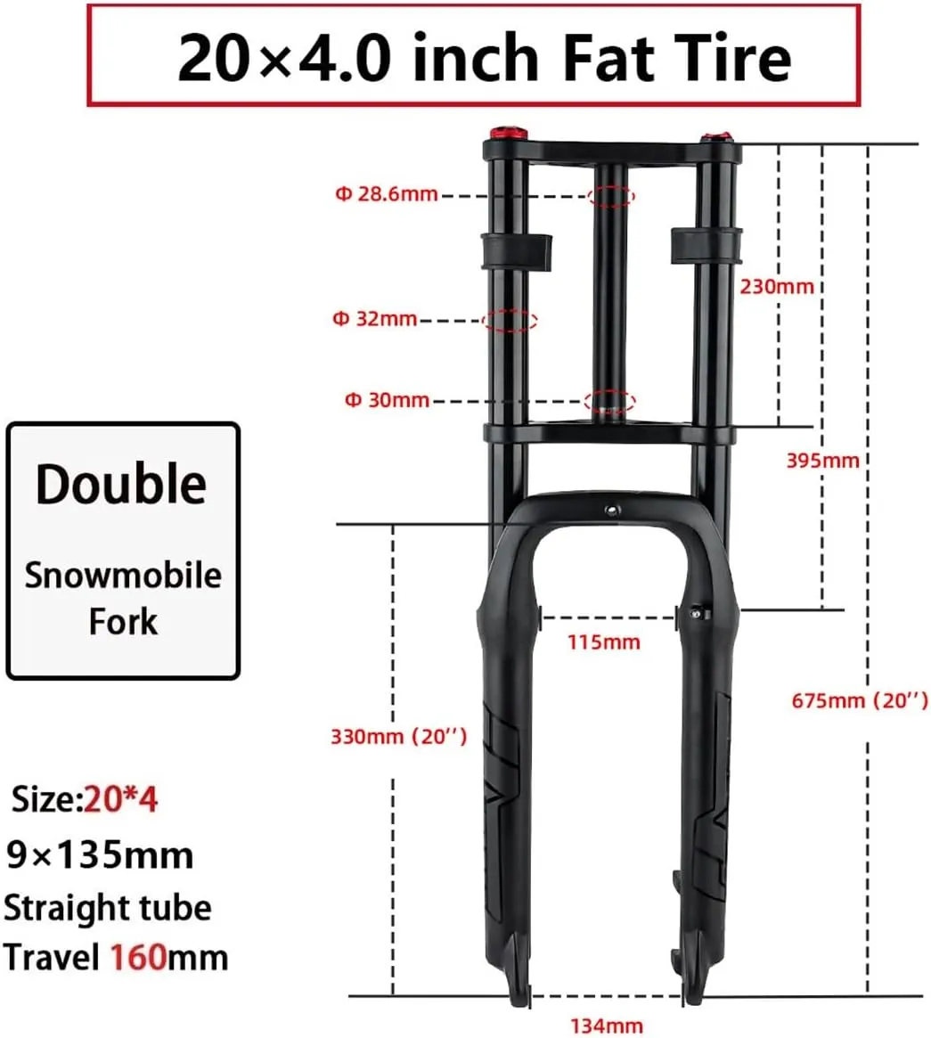 Snow Beach Bike Suspension Fork 20 Inch 4.0 Tire Fat Air Forks Travel 140mm, 1-1/8inch Steerer Bike Forks Spread 135mm Double Shoulder Shock Absorbing Front Fork QR Manual Lockout