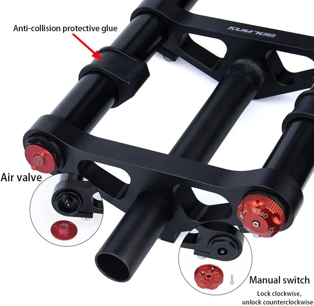 Snow Beach Bike Suspension Fork 20 Inch 4.0 Tire Fat Air Forks Travel 140mm, 1-1/8inch Steerer Bike Forks Spread 135mm Double Shoulder Shock Absorbing Front Fork QR Manual Lockout