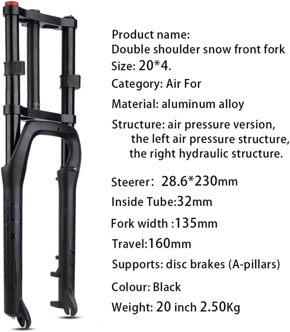Snow Beach Bike Suspension Fork 20 Inch 4.0 Tire Fat Air Forks Travel 140mm, 1-1/8inch Steerer Bike Forks Spread 135mm Double Shoulder Shock Absorbing Front Fork QR Manual Lockout