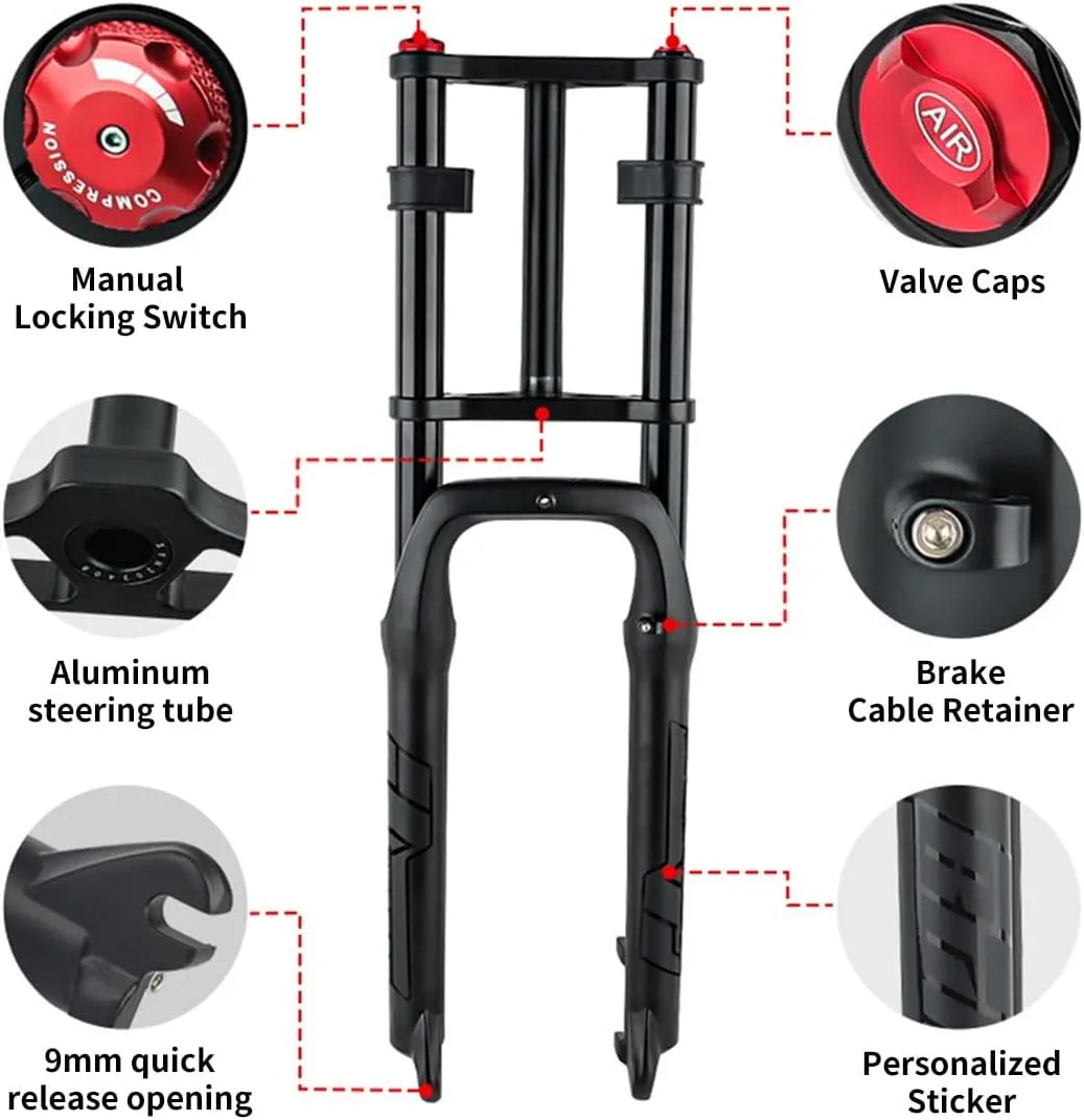 Snow Beach Bike Suspension Fork 20 Inch 4.0 Tire Fat Air Forks Travel 140mm, 1-1/8inch Steerer Bike Forks Spread 135mm Double Shoulder Shock Absorbing Front Fork QR Manual Lockout