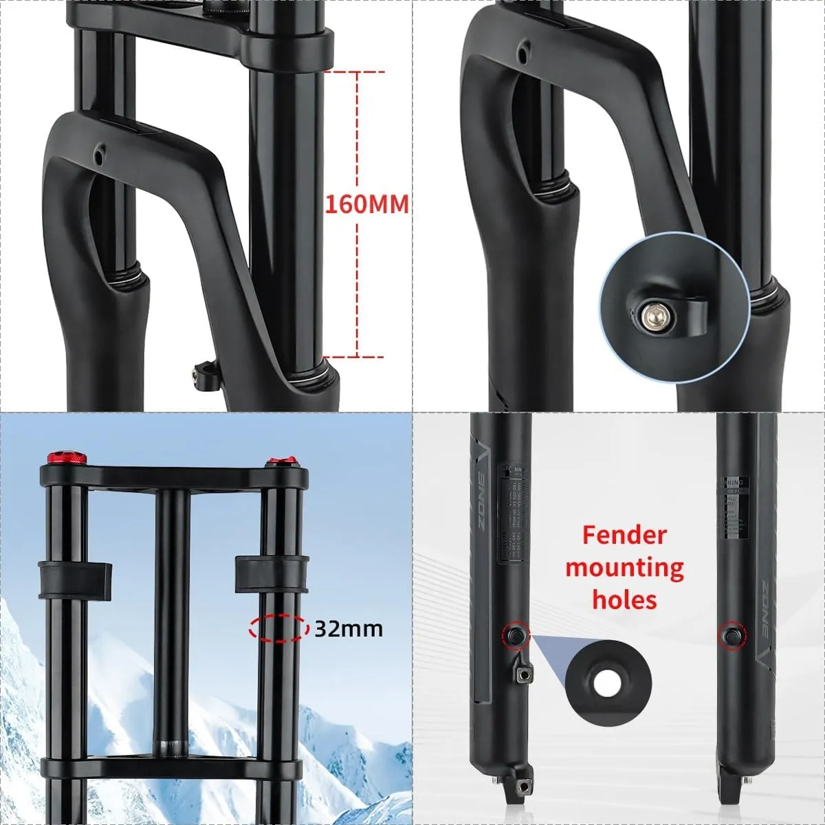 Snow Beach Bike Suspension Fork 20 Inch 4.0 Tire Fat Air Forks Travel 140mm, 1-1/8inch Steerer Bike Forks Spread 135mm Double Shoulder Shock Absorbing Front Fork QR Manual Lockout