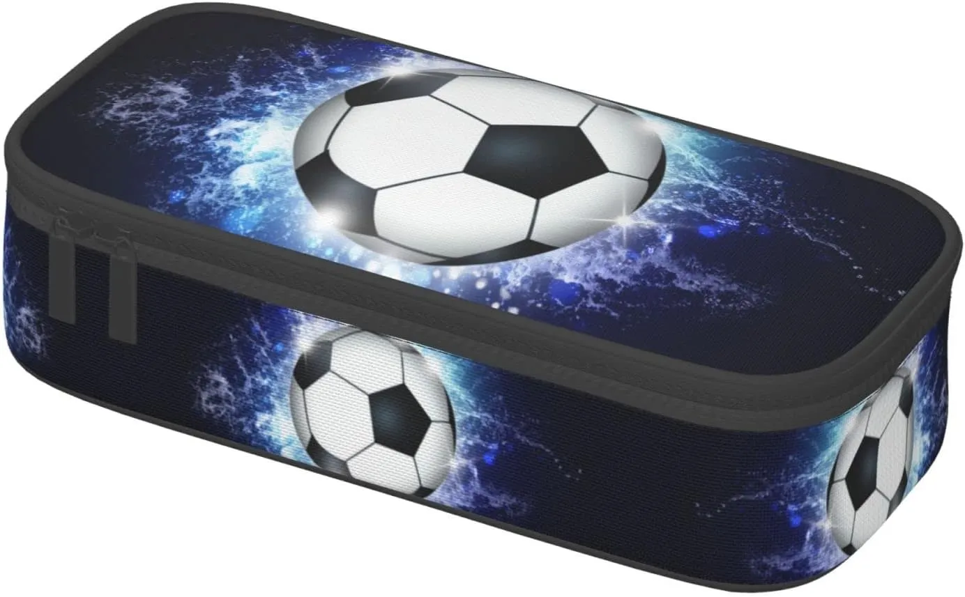 Soccer Ball Pencil Box Sports Pencil Case for Boys Men, Large Capacity Durable Blue Black Pencil Pouch Storage Pen Bag Stationary Case with Double Zippers