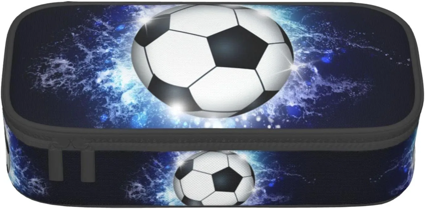 Soccer Ball Pencil Box Sports Pencil Case for Boys Men, Large Capacity Durable Blue Black Pencil Pouch Storage Pen Bag Stationary Case with Double Zippers