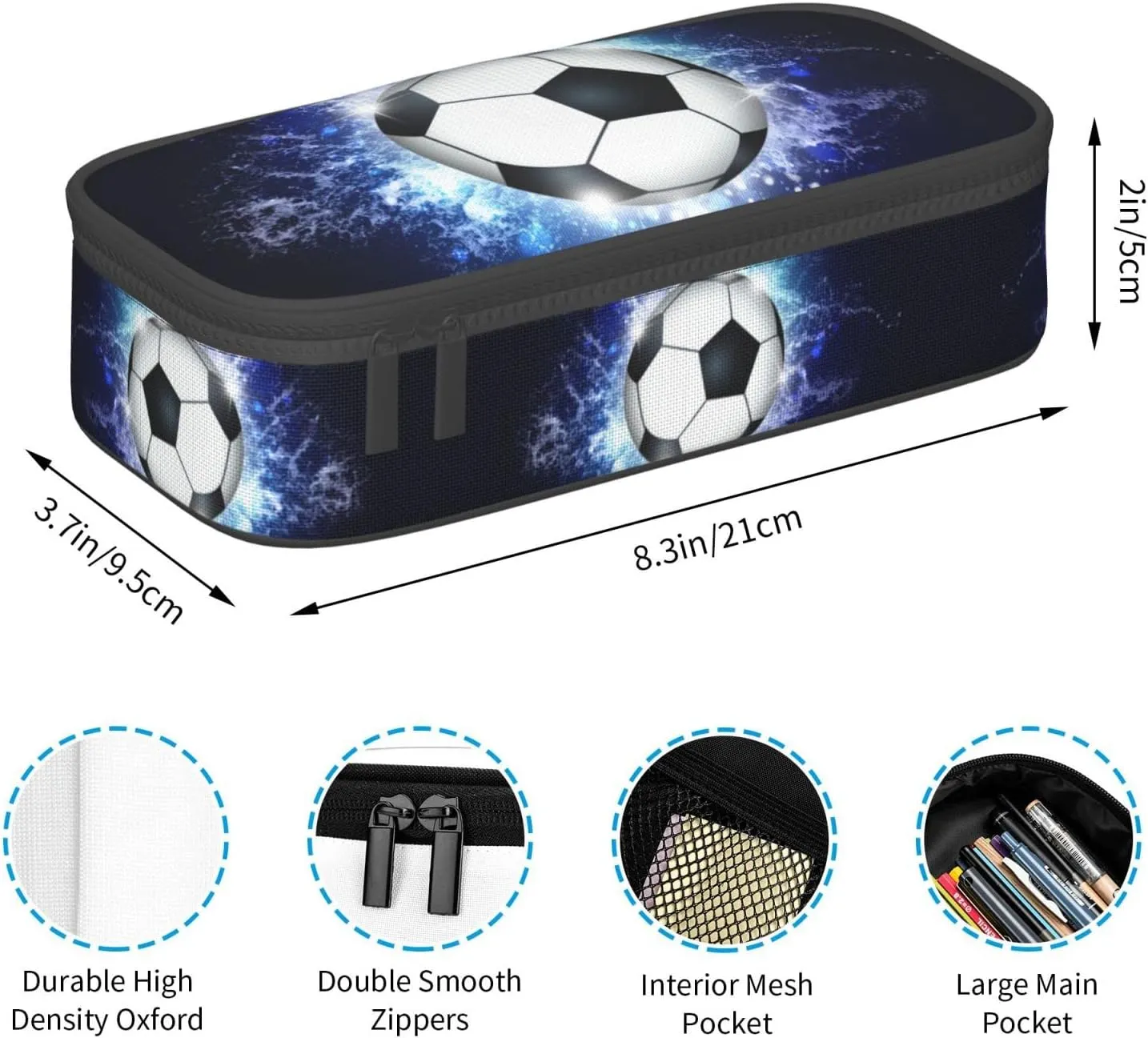 Soccer Ball Pencil Box Sports Pencil Case for Boys Men, Large Capacity Durable Blue Black Pencil Pouch Storage Pen Bag Stationary Case with Double Zippers