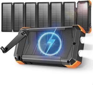 Solar Charger with 7 Panels, Portable Solar Power Bank, 15W Fast Charging Hand Crank Generator Built-in Lighter & Dual Flashlights