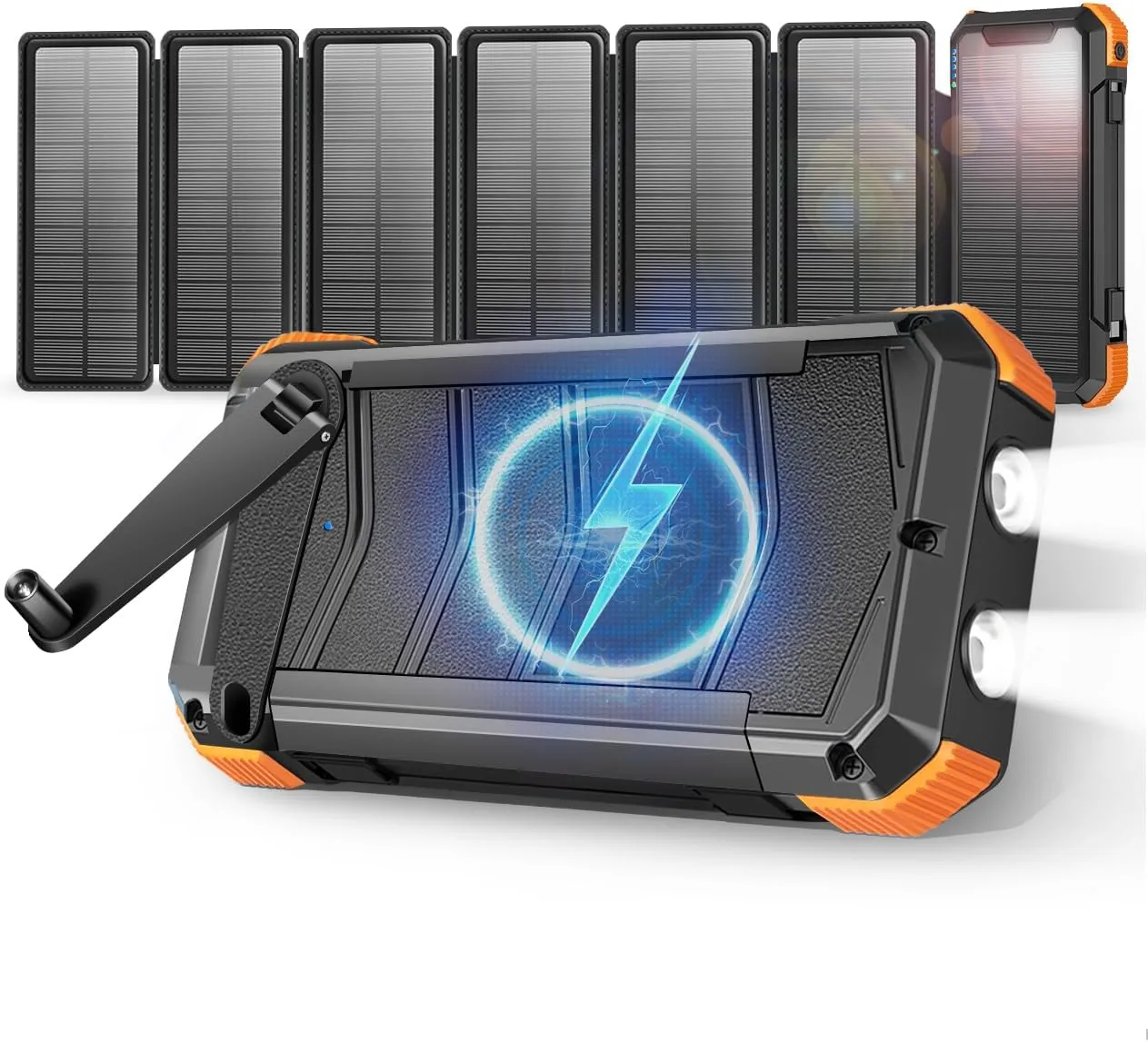 Solar Charger with 7 Panels, Portable Solar Power Bank, 15W Fast Charging Hand Crank Generator Built-in Lighter & Dual Flashlights