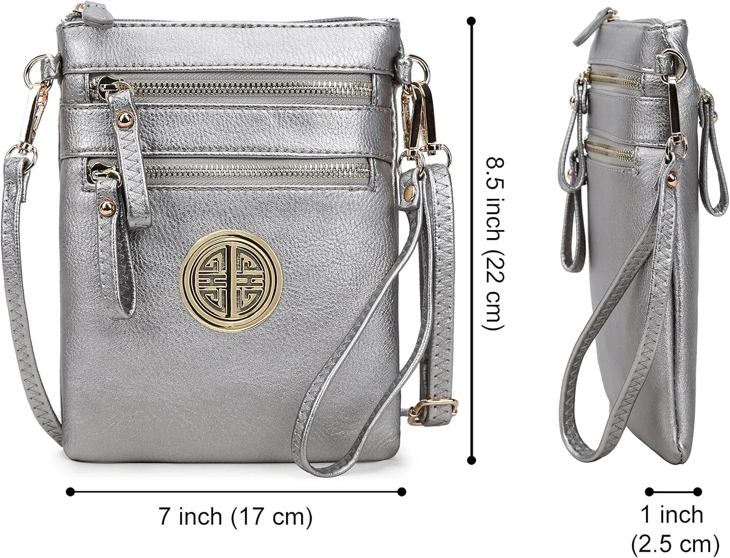 Solene Women's Faux Leather Organizer Multi Zipper Pockets With Detachable Wristlet Crossbody Bag
