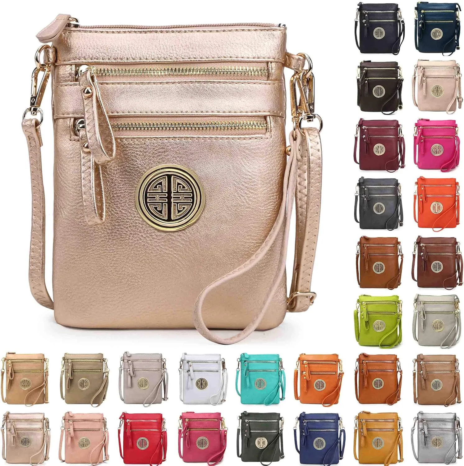 Solene Women's Faux Leather Organizer Multi Zipper Pockets With Detachable Wristlet Crossbody Bag