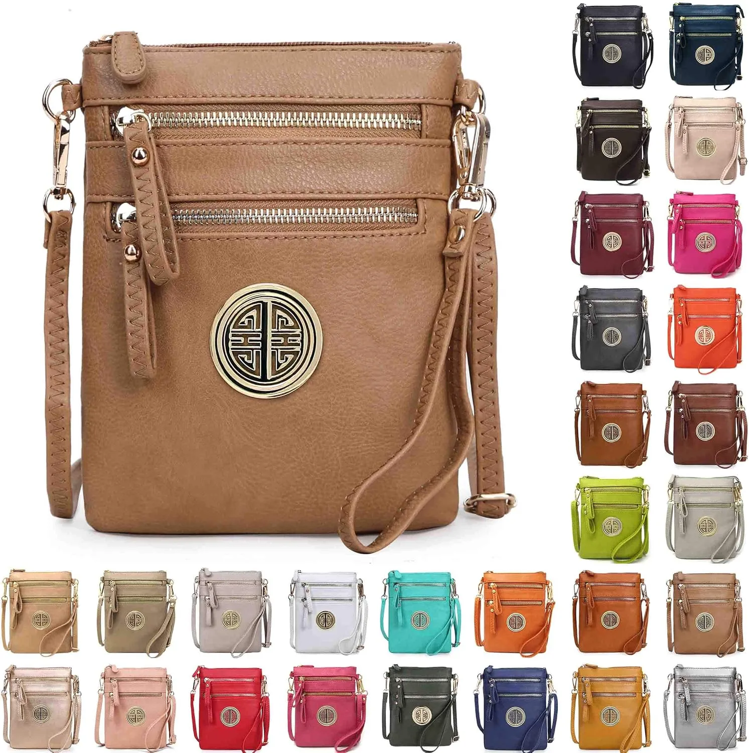 Solene Women's Faux Leather Organizer Multi Zipper Pockets With Detachable Wristlet Crossbody Bag
