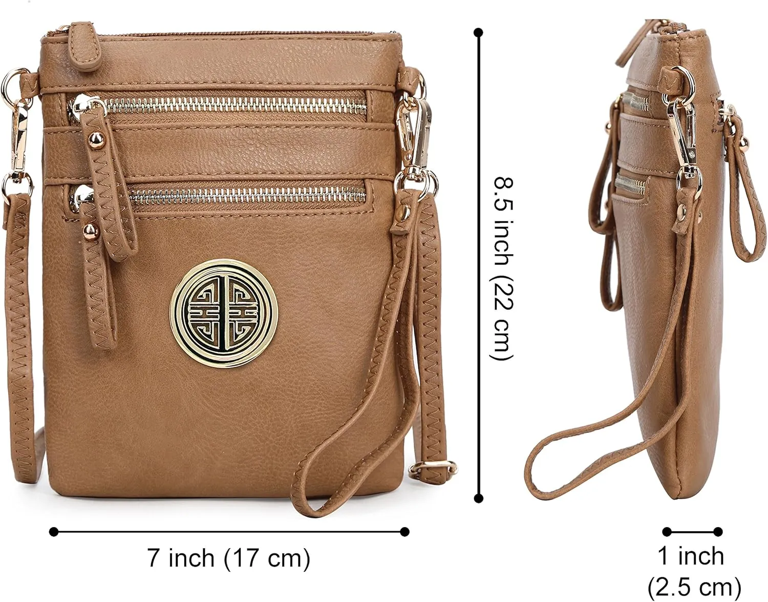 Solene Women's Faux Leather Organizer Multi Zipper Pockets With Detachable Wristlet Crossbody Bag