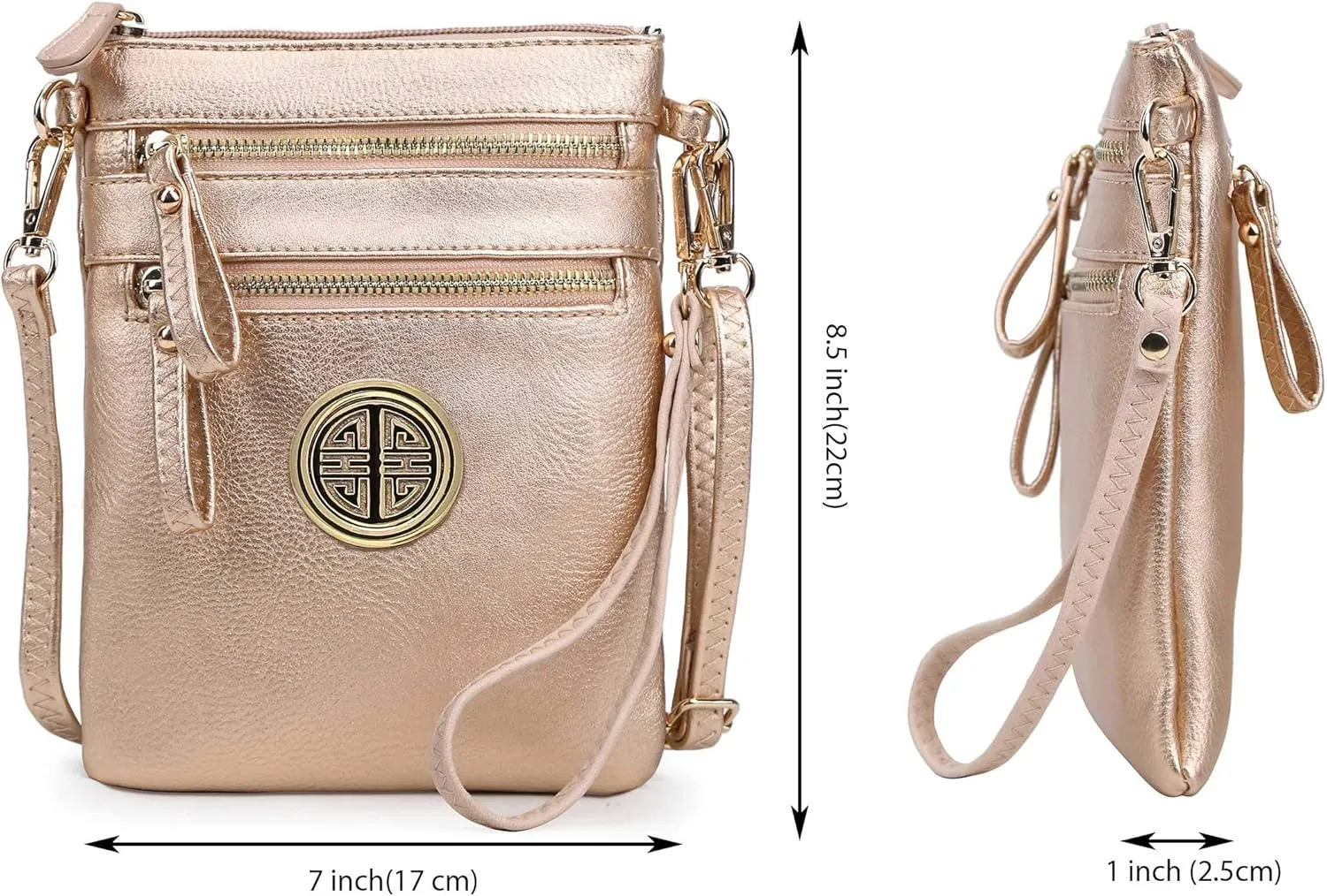 Solene Women's Faux Leather Organizer Multi Zipper Pockets With Detachable Wristlet Crossbody Bag