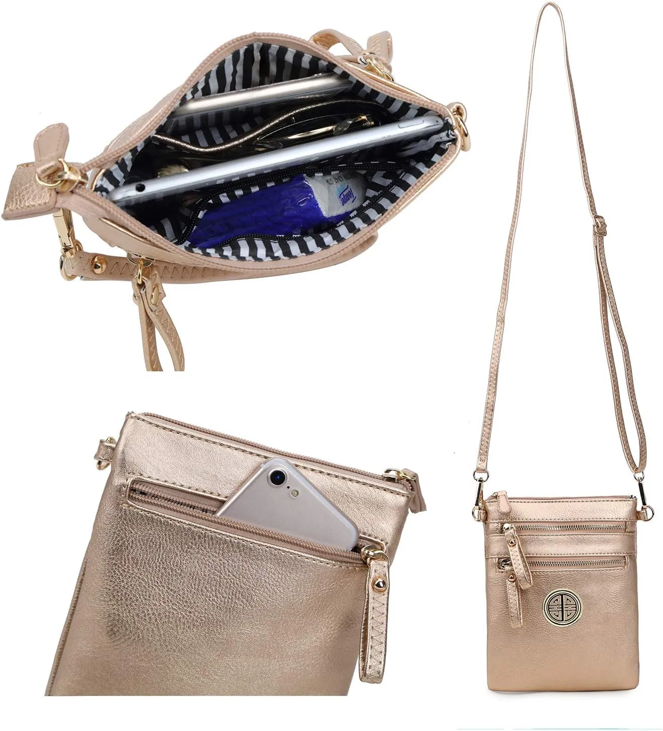 Solene Women's Faux Leather Organizer Multi Zipper Pockets With Detachable Wristlet Crossbody Bag