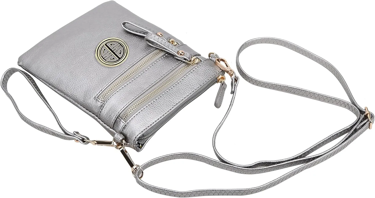 Solene Women's Faux Leather Organizer Multi Zipper Pockets With Detachable Wristlet Crossbody Bag