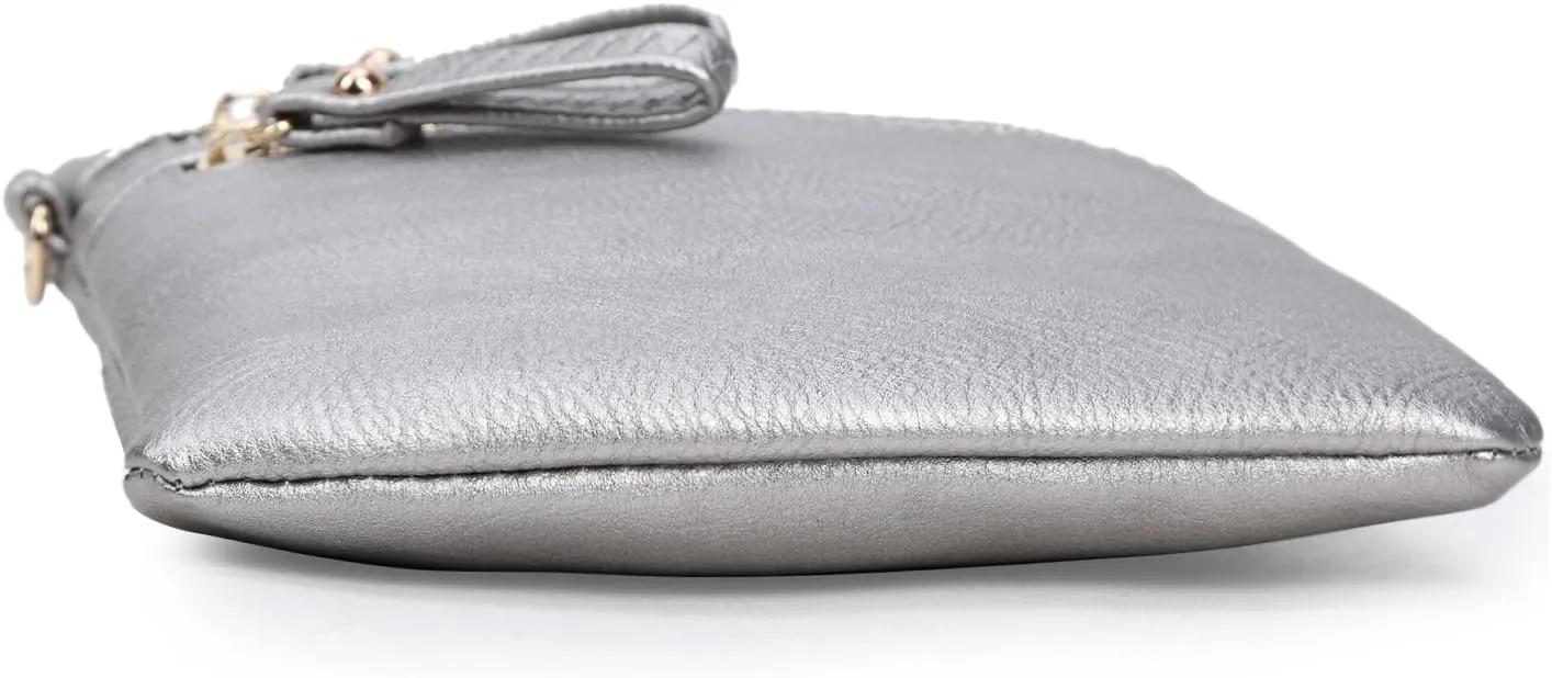 Solene Women's Faux Leather Organizer Multi Zipper Pockets With Detachable Wristlet Crossbody Bag