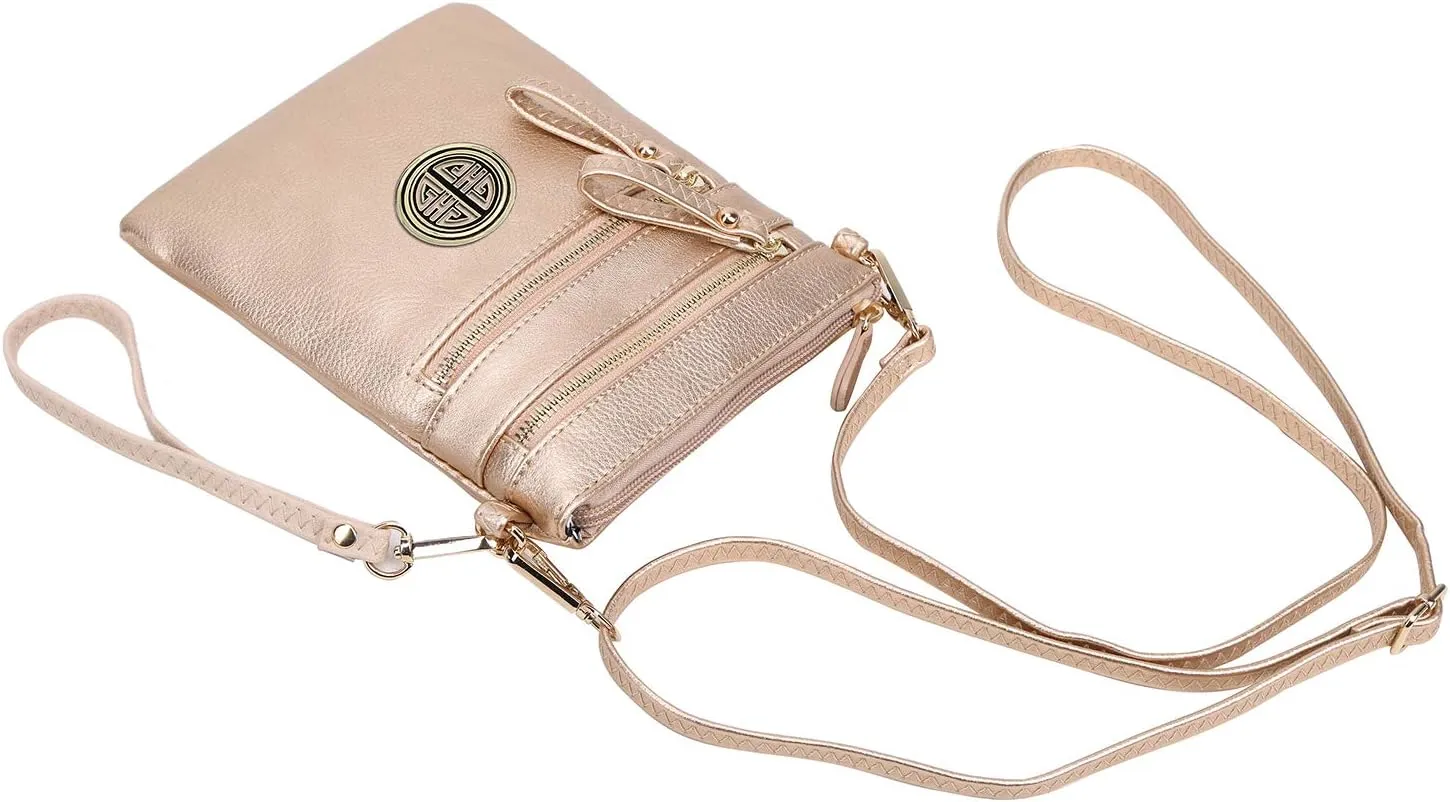 Solene Women's Faux Leather Organizer Multi Zipper Pockets With Detachable Wristlet Crossbody Bag