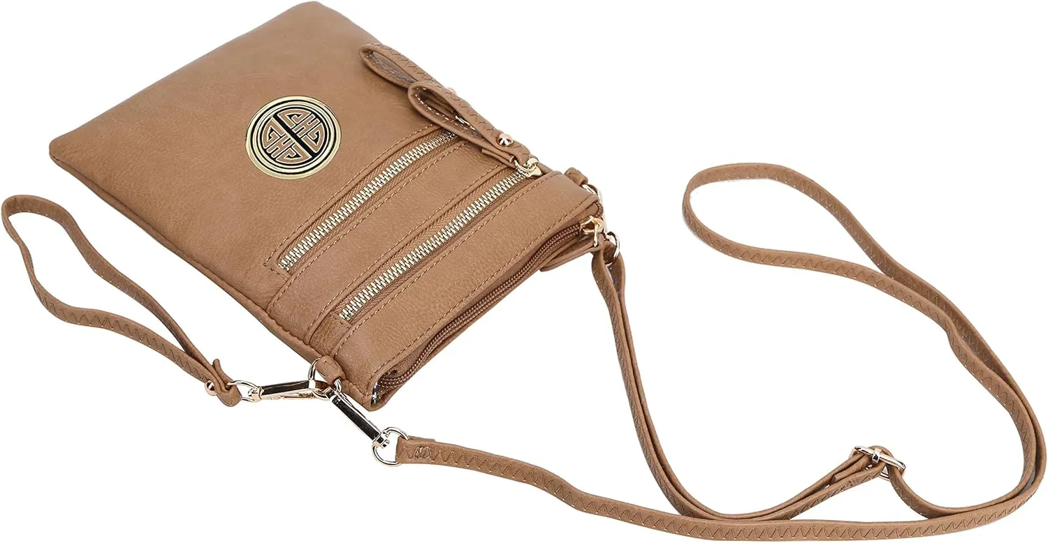 Solene Women's Faux Leather Organizer Multi Zipper Pockets With Detachable Wristlet Crossbody Bag