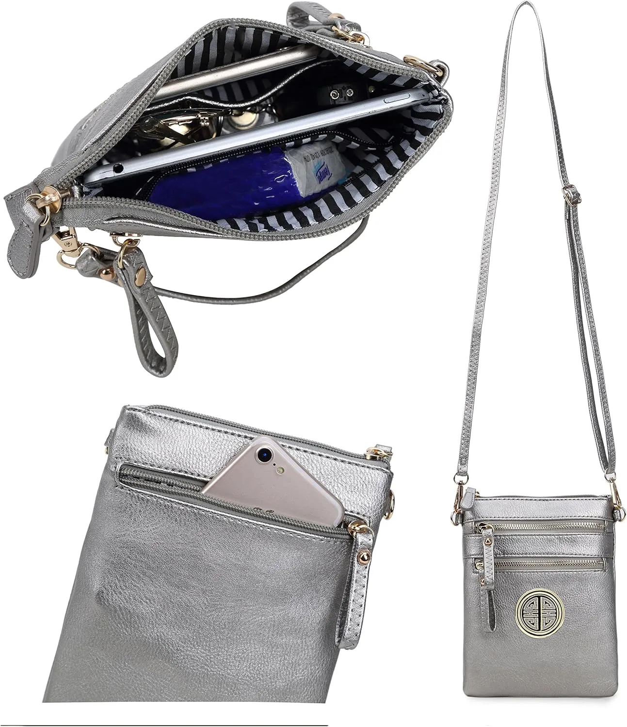 Solene Women's Faux Leather Organizer Multi Zipper Pockets With Detachable Wristlet Crossbody Bag