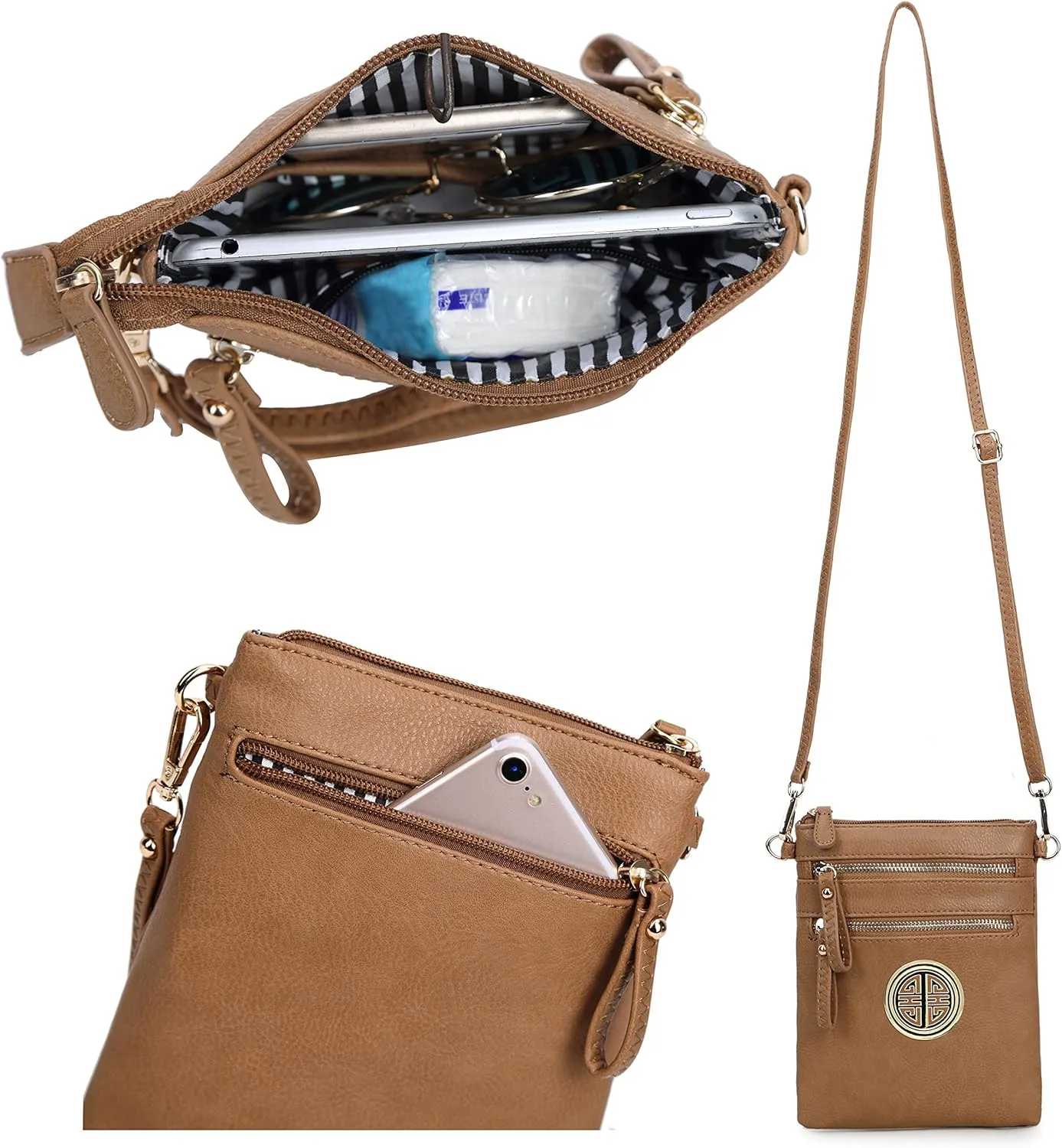 Solene Women's Faux Leather Organizer Multi Zipper Pockets With Detachable Wristlet Crossbody Bag