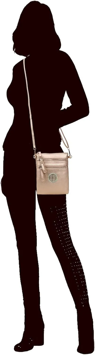 Solene Women's Faux Leather Organizer Multi Zipper Pockets With Detachable Wristlet Crossbody Bag