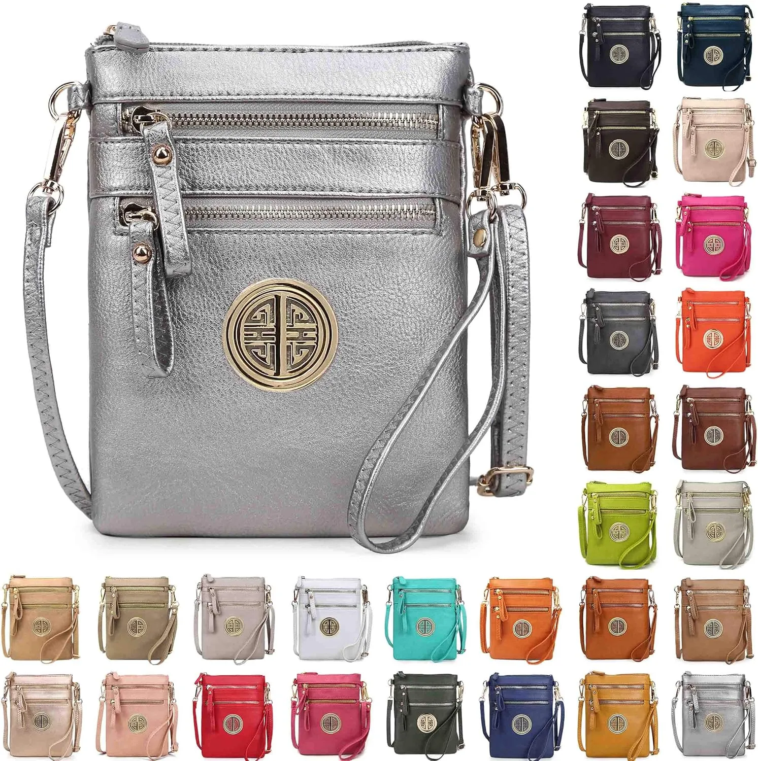 Solene Women's Faux Leather Organizer Multi Zipper Pockets With Detachable Wristlet Crossbody Bag