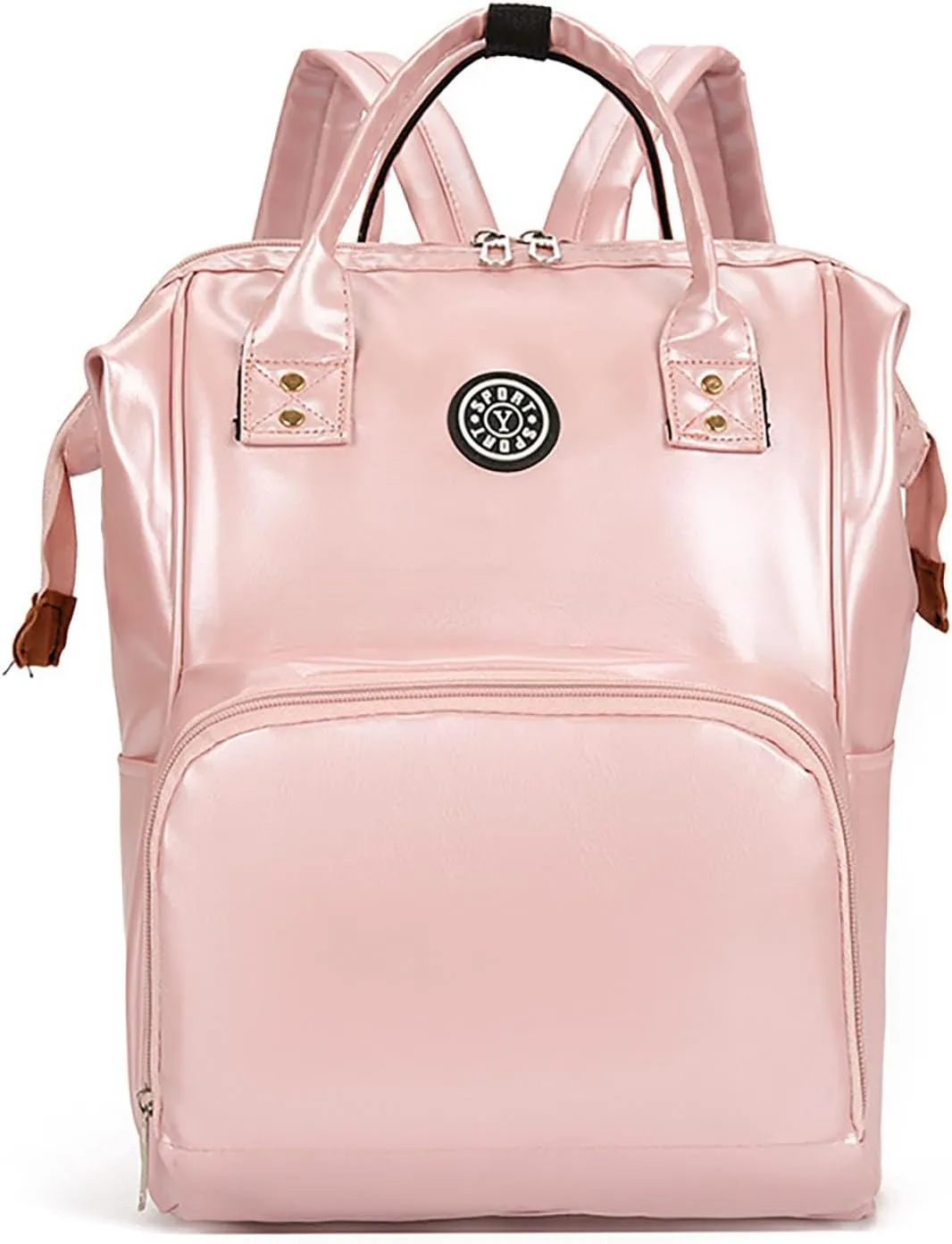 Solid Color Artificial Leather Diaper Bag Backpack with Insulated Pockets Mama Baby Anti-theft Travel Bag (Pink)