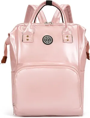 Solid Color Artificial Leather Diaper Bag Backpack with Insulated Pockets Mama Baby Anti-theft Travel Bag (Pink)