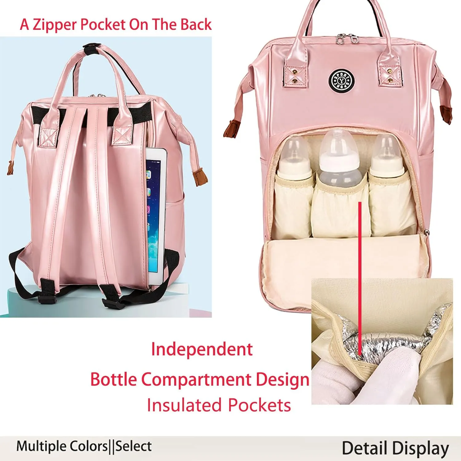 Solid Color Artificial Leather Diaper Bag Backpack with Insulated Pockets Mama Baby Anti-theft Travel Bag (Pink)