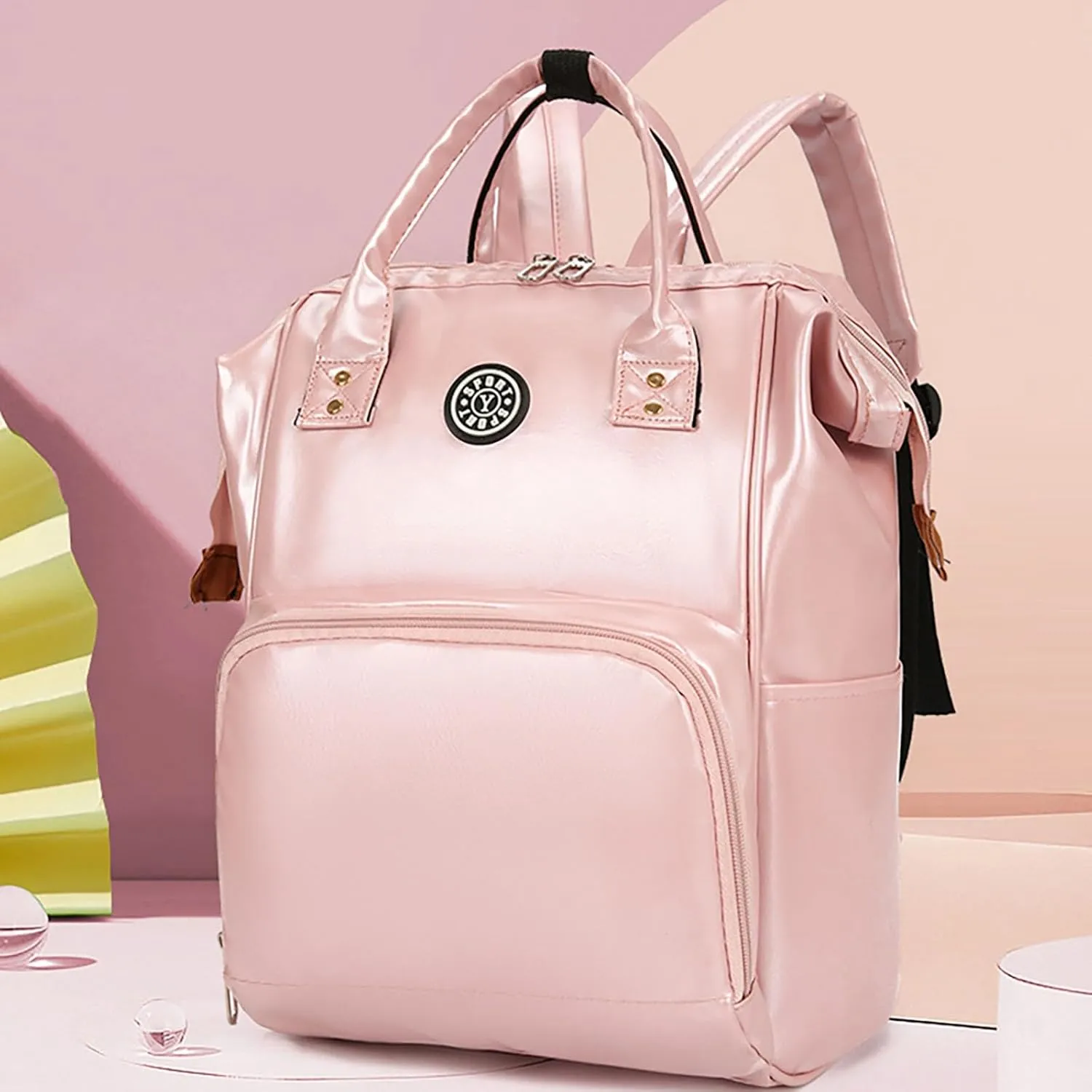 Solid Color Artificial Leather Diaper Bag Backpack with Insulated Pockets Mama Baby Anti-theft Travel Bag (Pink)