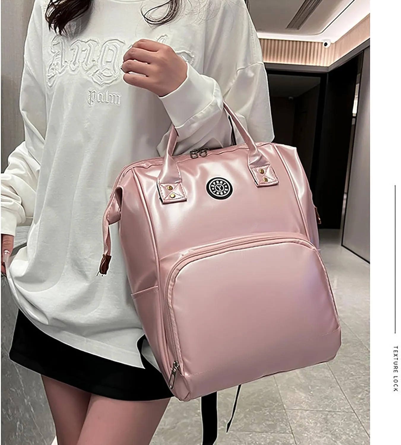 Solid Color Artificial Leather Diaper Bag Backpack with Insulated Pockets Mama Baby Anti-theft Travel Bag (Pink)