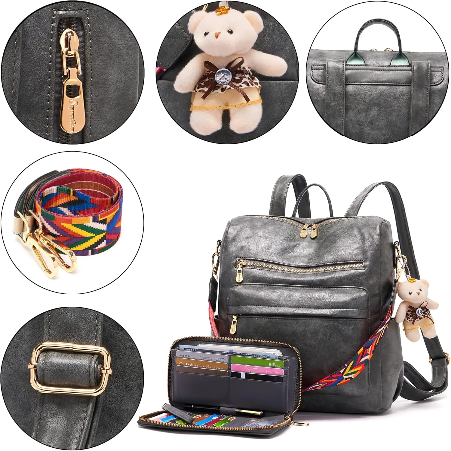 Soperwillton Women Backpack Purse Multipurpose Design Handbags Shoulder Bag PU Leather Travel bag Backpack Set 2pcs