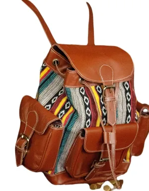 Southwest Design Leather & Woven Cotton Backpack Purse