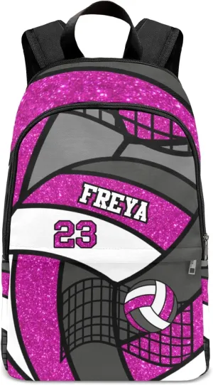 Sport Volleyball Glitter Magenta Personalized Backpack for Teen Custom Travel Backpack for Boys Girs Bookbag Casual Bag Name Gift, Design 1, EU5566SS
