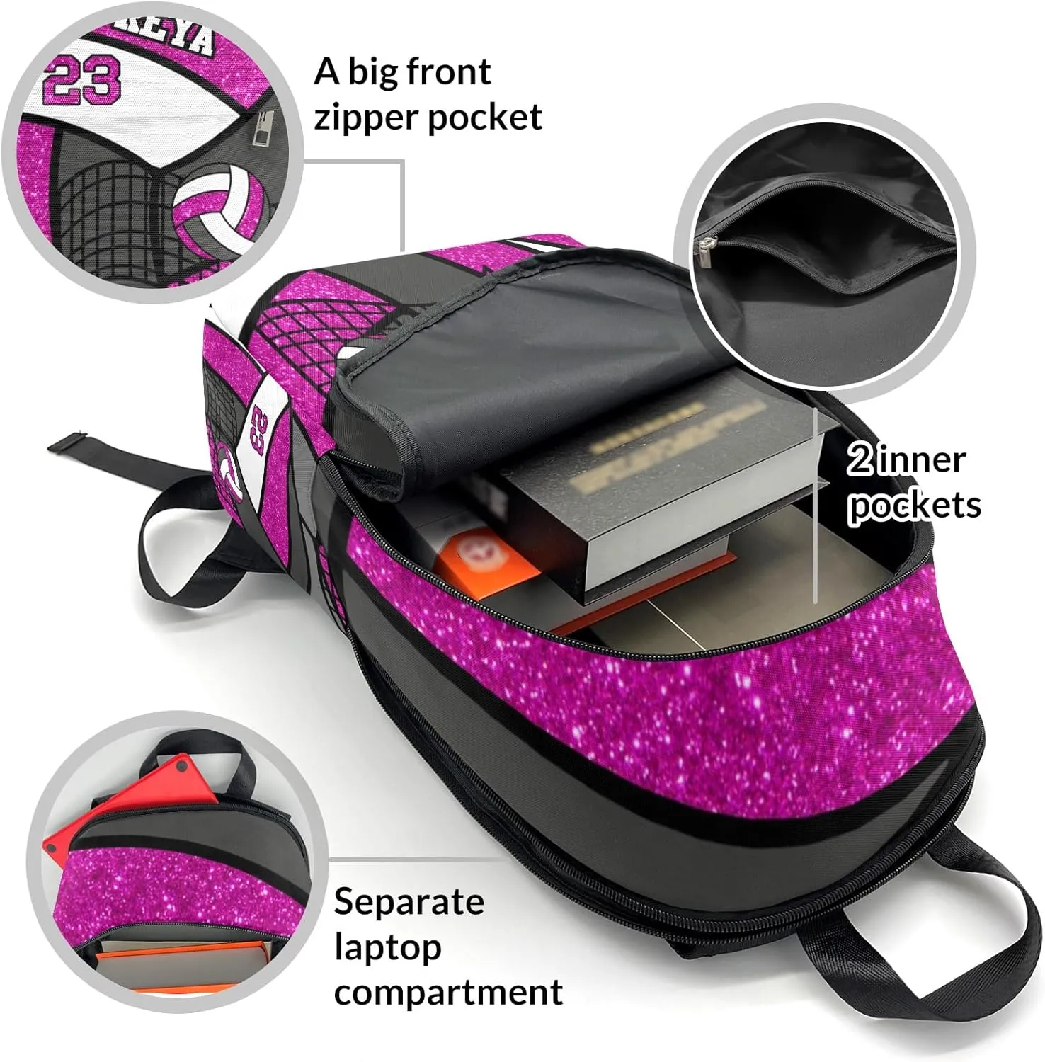 Sport Volleyball Glitter Magenta Personalized Backpack for Teen Custom Travel Backpack for Boys Girs Bookbag Casual Bag Name Gift, Design 1, EU5566SS