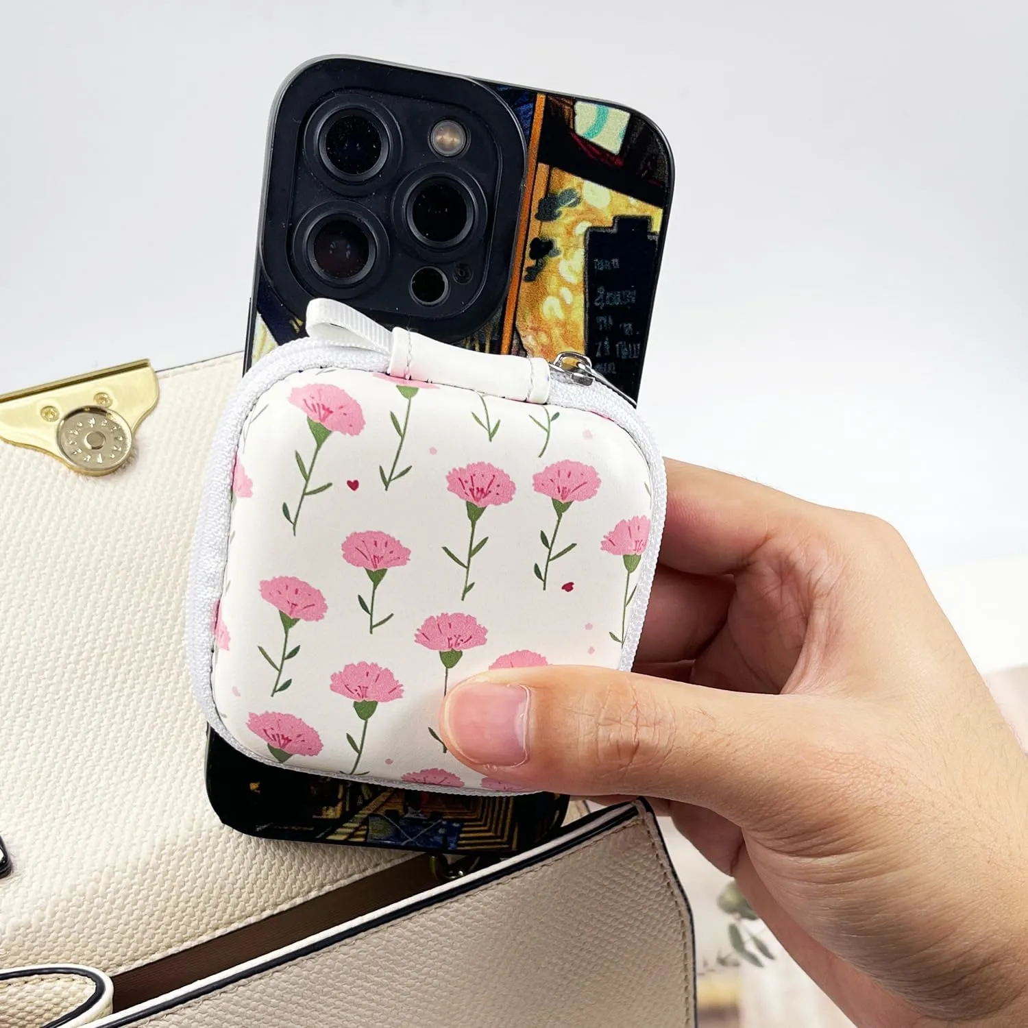 Square Earbud Case Headphone Organizer Ear Bud Case Portable EVA Carrying Box Storage Bag with Carabiner for AirPods Beats Bose Galaxy Buds 3 Data Cable Storage (Pink Carnation)