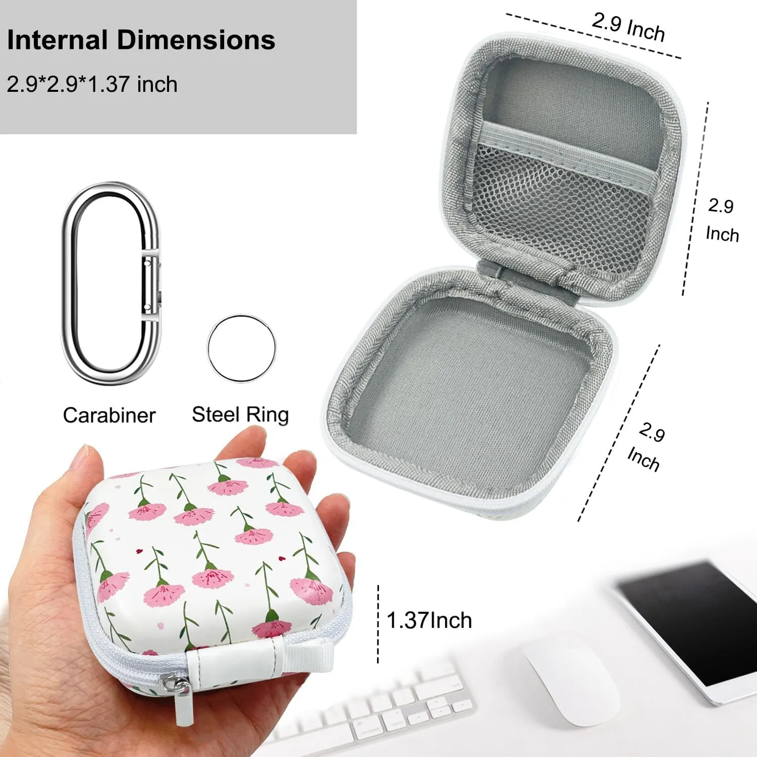 Square Earbud Case Headphone Organizer Ear Bud Case Portable EVA Carrying Box Storage Bag with Carabiner for AirPods Beats Bose Galaxy Buds 3 Data Cable Storage (Pink Carnation)