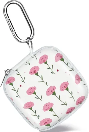 Square Earbud Case Headphone Organizer Ear Bud Case Portable EVA Carrying Box Storage Bag with Carabiner for AirPods Beats Bose Galaxy Buds 3 Data Cable Storage (Pink Carnation)