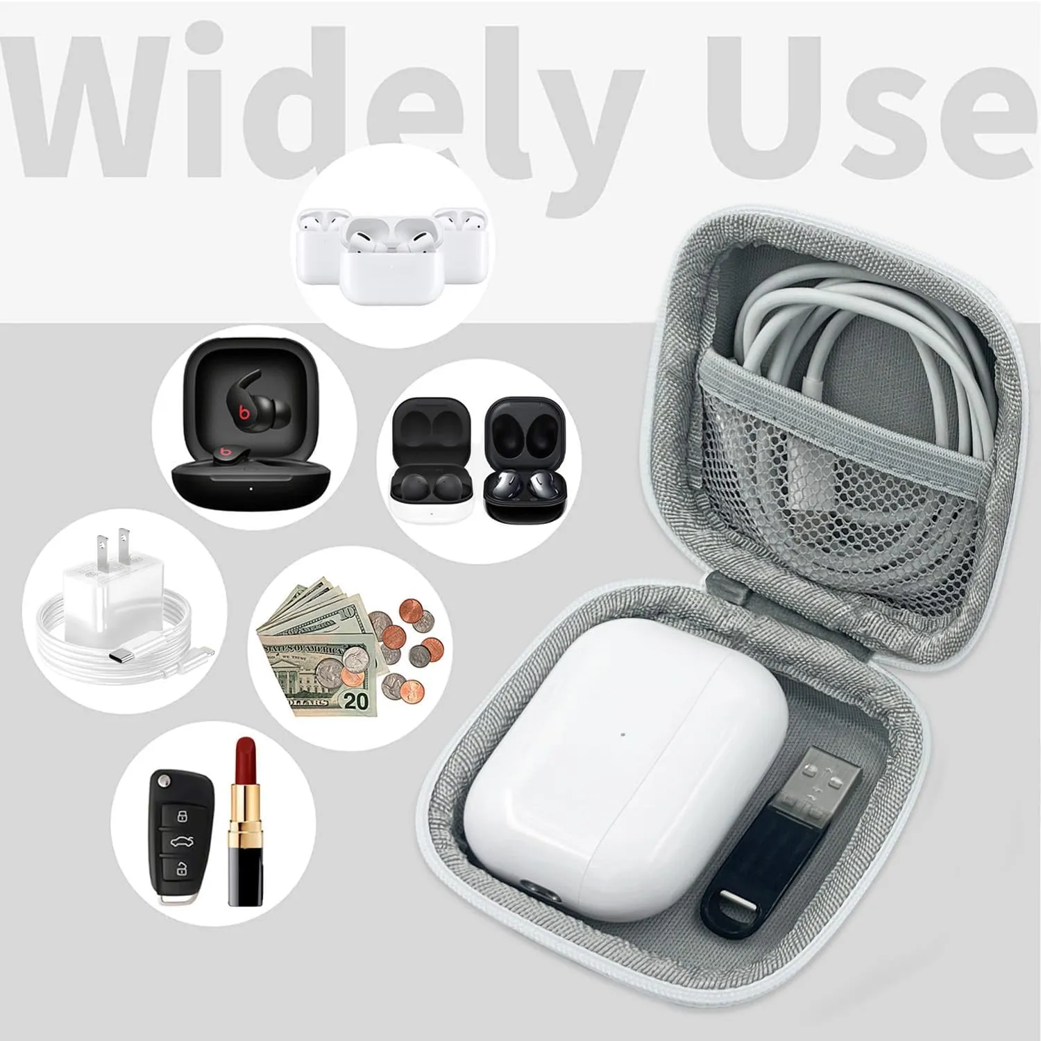 Square Earbud Case Headphone Organizer Ear Bud Case Portable EVA Carrying Box Storage Bag with Carabiner for AirPods Beats Bose Galaxy Buds 3 Data Cable Storage (Pink Carnation)