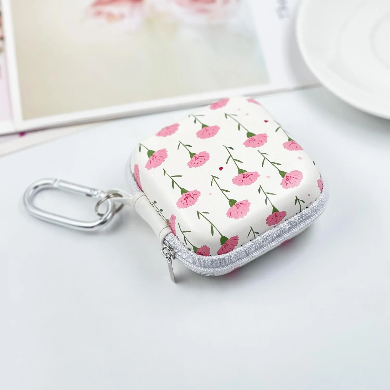Square Earbud Case Headphone Organizer Ear Bud Case Portable EVA Carrying Box Storage Bag with Carabiner for AirPods Beats Bose Galaxy Buds 3 Data Cable Storage (Pink Carnation)