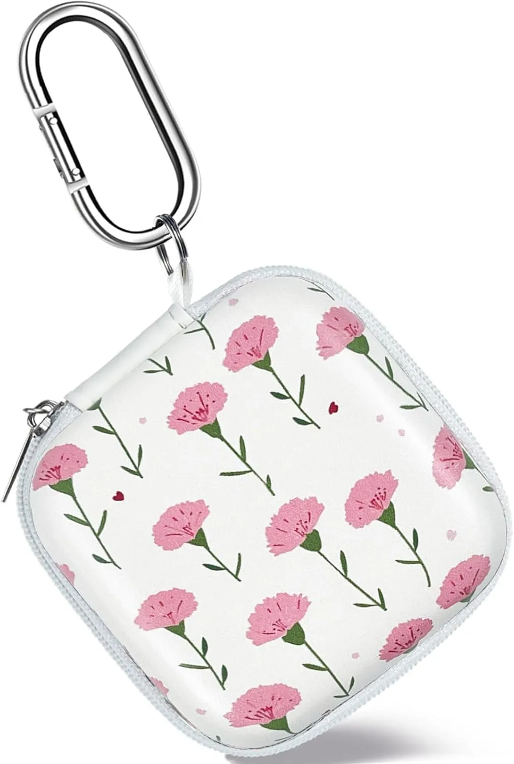 Square Earbud Case Headphone Organizer Ear Bud Case Portable EVA Carrying Box Storage Bag with Carabiner for AirPods Beats Bose Galaxy Buds 3 Data Cable Storage (Pink Carnation)
